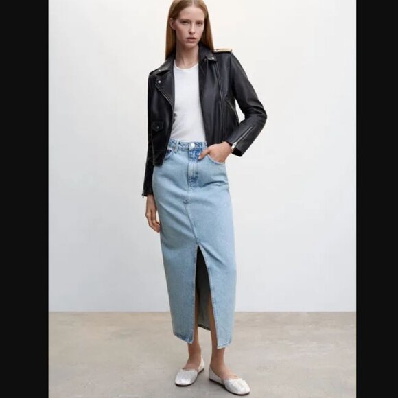 Mango MNG Women's Medium Wash Slit Denim Straight Maxi Skirt Timeless Size S - Picture 1 of 16